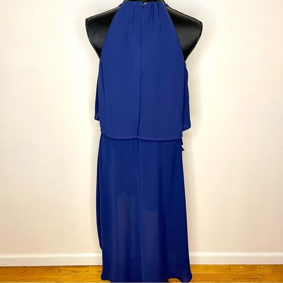 Saks Fifth Avenue Dress Halter High Low Sleeveless Chiffon Flowy Drapey Blue 6 - Picture 4 of 10